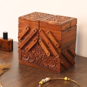 Organiseur à bijoux pliable avec 7 compartiments, boîte à bijoux en bois gravé avec tiroirs et miroir, boîte de rangement pour bijoux, cadeau unique
