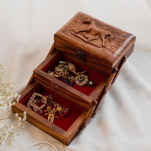 Foldable Jewelry Organizer with 3 Compartments, Horse Jewelry Box, Horse Gifts for Women, Horse Decor Wooden Jewelry Box, Equestrian Gifts