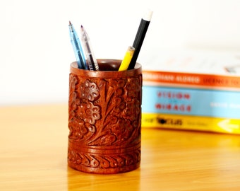 Handmade Rosewood Pen Holder: Floral Carved Desk Organizer
