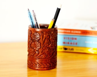 Wood Pen Holder Office Decor, Desk Organizer Pencil Cup, Makeup Brush Holder, Wood Crafts Toothbrush Holder, Gift for Teacher