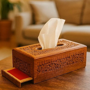 Rustikt lantligt näsduksaskhållare – Handgjort rektangulärt trälock, bohemiskt badrumsarrangör för kök eller sovrumsinredning