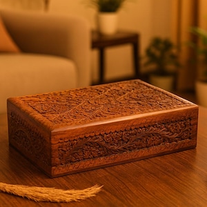 May include: A rectangular wooden box with intricate floral carvings. The box is a warm brown color and sits on a wooden table. The carvings cover the top and sides of the box, showcasing detailed craftsmanship.