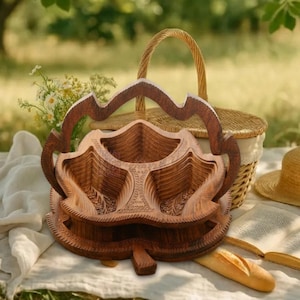 Wooden Fruit Basket Foldable Picnic Basket Collapsible Serving Trays Kitchen Decor Gift & Housewarming Gift
