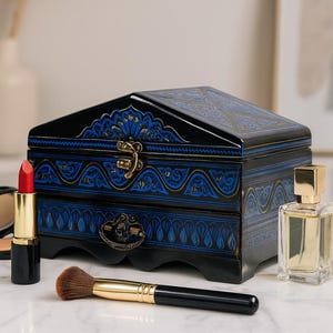 XL Hand Painted Makeup Organizer with Drawer - Womens Toiletry Box, Large Make up Cosmetic Box 7th Anniversary Gift for Wife