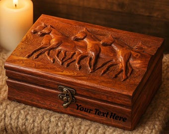 Personalized Rosewood Stash Box: Hand-Carved Horse Design, Velvet Lined