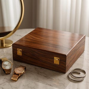 May include: A dark wood watch box with gold-colored clasps and hinges. Two gold watches and two silver bracelets are next to the box. A gold-framed mirror is in the background.