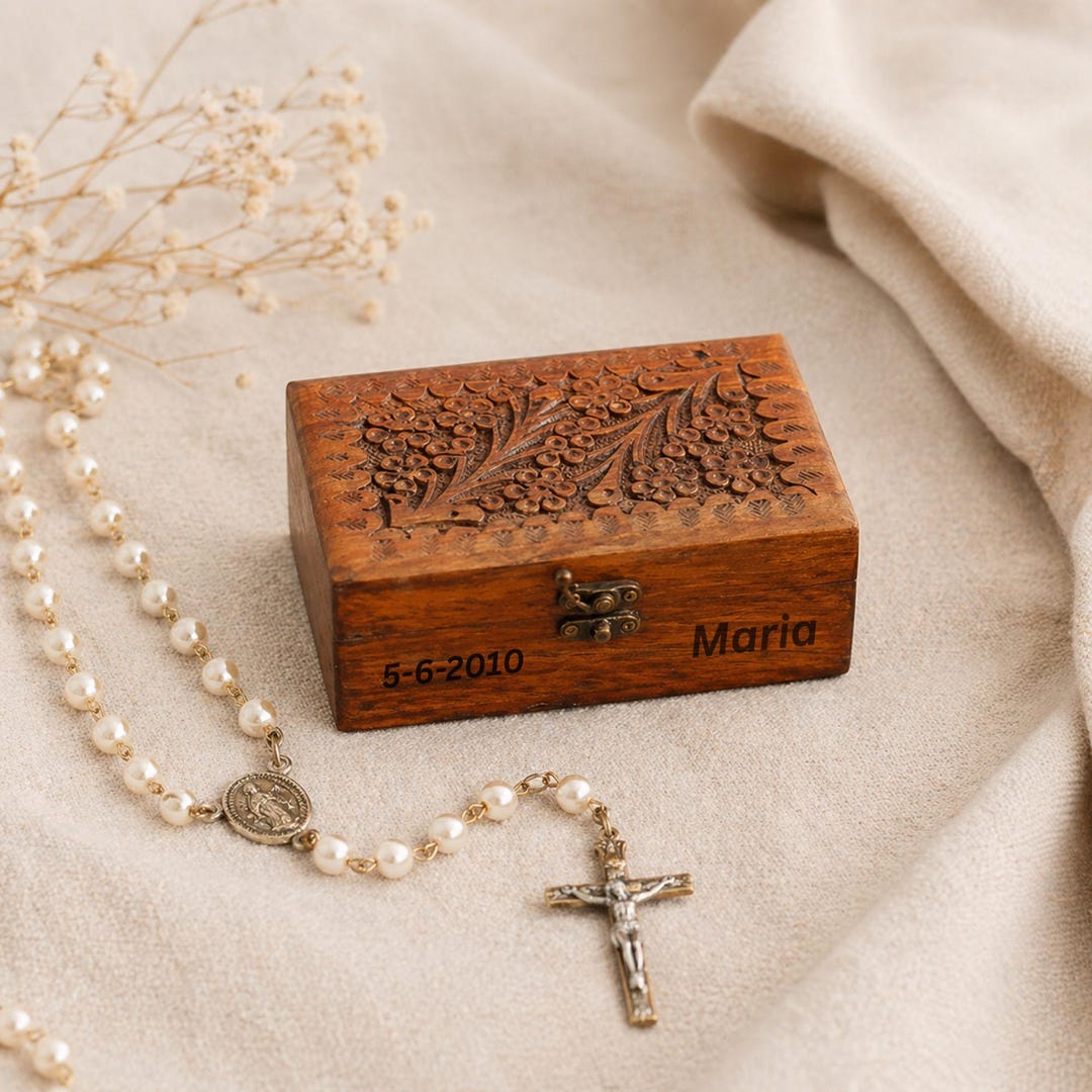Custom Catholic Rosary Box, Hand Carved Wooden Keepsake for Baptism ...