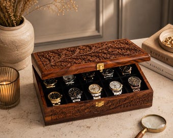 Hand-Carved Wooden Watch Box, Rustic Floral 10-Slot Organizer, Room Accent Storage