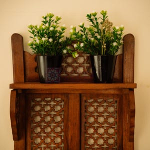 May include: A brown wooden wall shelf featuring intricate lattice cutouts and two black pots containing artificial green plants with small white flowers. The left pot displays a small square sticker with a blue and purple geometric pattern.