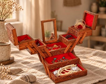 Large Wooden Jewelry Box with Drawers, Solid Wood Jewelry Armoire, Handmade Jewellery Storage Organizer, Gift for Her Mom Wife