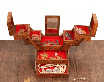 Foldable Jewelry Organizer with 7 Compartments, Engraved Wood Jewelry Box with Drawers and Mirror, Jewellery Storage Box Unique Gift