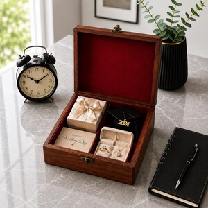 May include: A wooden jewelry box with a red velvet interior, containing a ring, necklace, and gift boxes. A black alarm clock, a notebook with a pen, and a vase with greenery are also present. The box has the text "On Your Wedding Day" and a "2024" graduation cap.