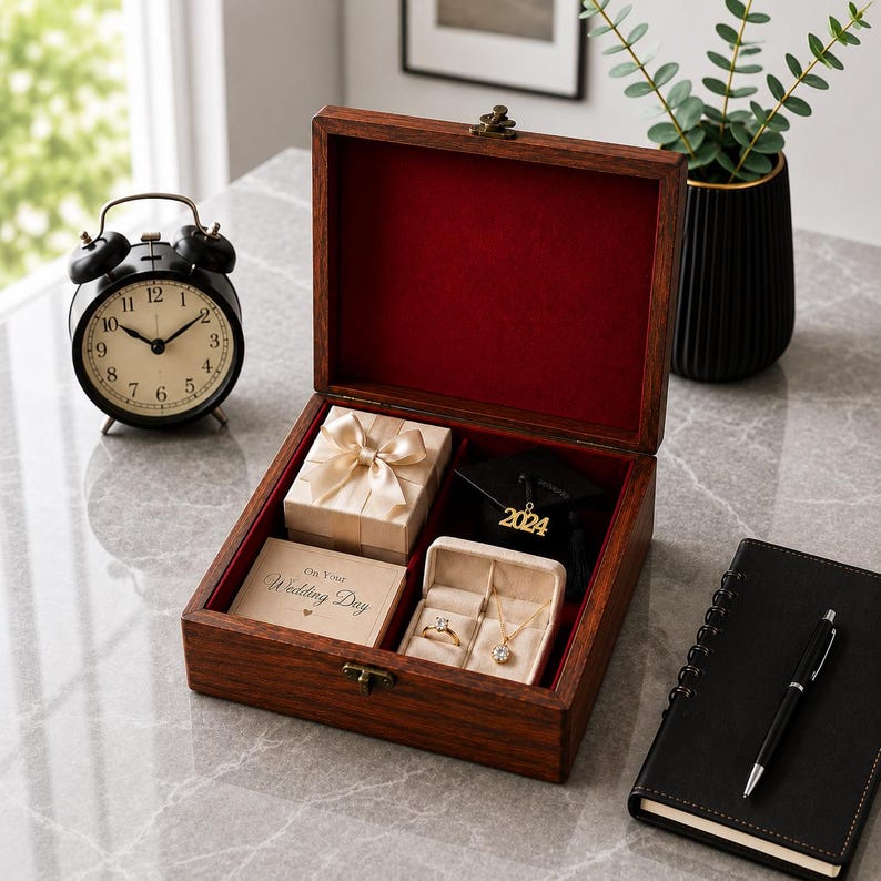 May include: A wooden jewelry box with a red velvet interior, containing a ring, necklace, and gift boxes. A black alarm clock, a notebook with a pen, and a vase with greenery are also present. The box has the text "On Your Wedding Day" and a "2024" graduation cap.