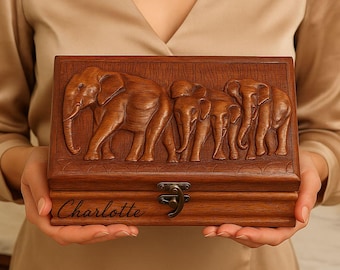 Personalized Rosewood Jewelry Box: Hand-Carved Elephant Keepsake
