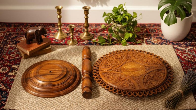 May include: A collection of decorative items, including a carved wooden tray, a wooden elephant figurine, and brass candlesticks. The tray features intricate floral patterns. A small potted plant and a bundle of dried lavender are also present.