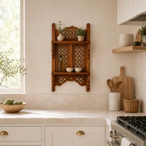 May include: A brown wooden wall shelf featuring an intricate lattice pattern on the back panel. The shelf has two tiers holding a small white vase, a potted plant, a glass bottle, and two small white bowls, all arranged on a kitchen wall.
