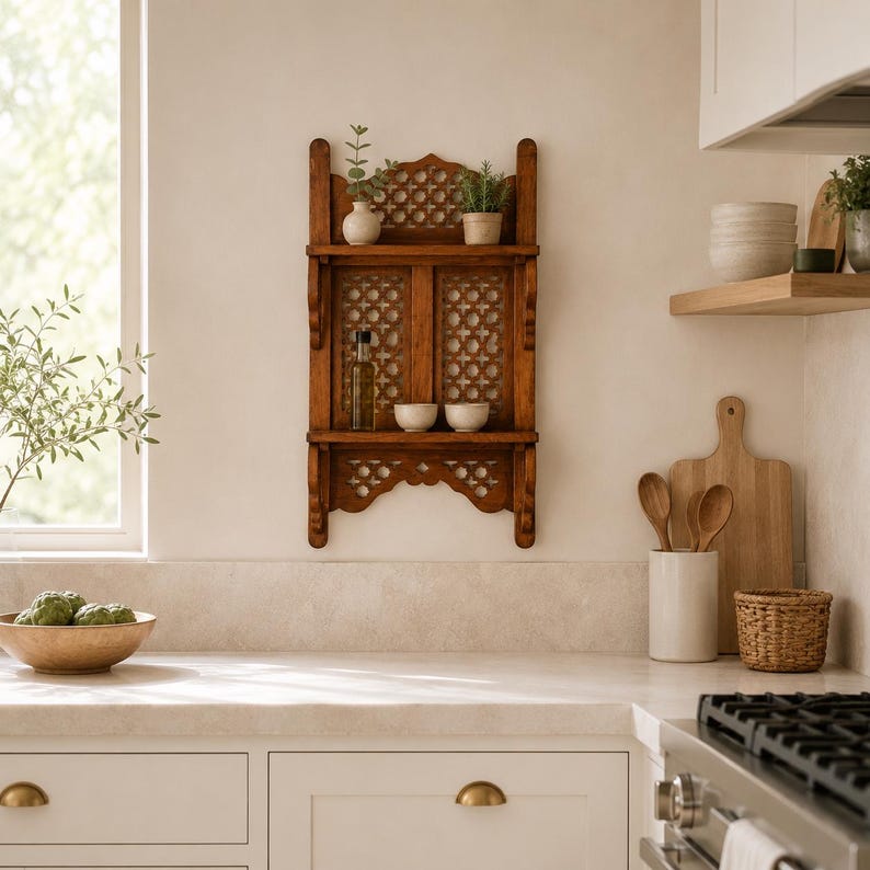 May include: A brown wooden wall shelf featuring an intricate lattice pattern on the back panel. The shelf has two tiers holding a small white vase, a potted plant, a glass bottle, and two small white bowls, all arranged on a kitchen wall.