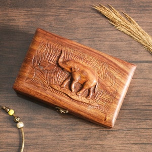 Elephant Jewelry Box, Hand Carved Wooden Elephant Jewelry Organizer Trinket Box, Wooden Animal Engraving Art Elephant Lovers Gift