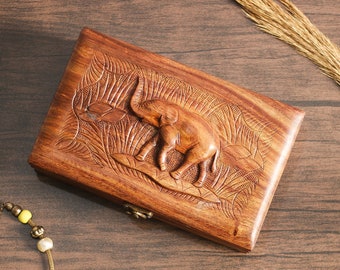 Elephant Jewelry Box, Hand Carved Wooden Elephant Jewelry Organizer Trinket Box, Wooden Animal Engraving Art Elephant Lovers Gift