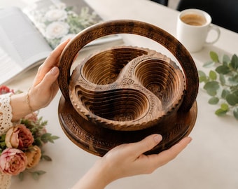 Hand-Carved Wooden Storage Basket - Foldable 3 Compartment Organizer - Home Decor Gift
