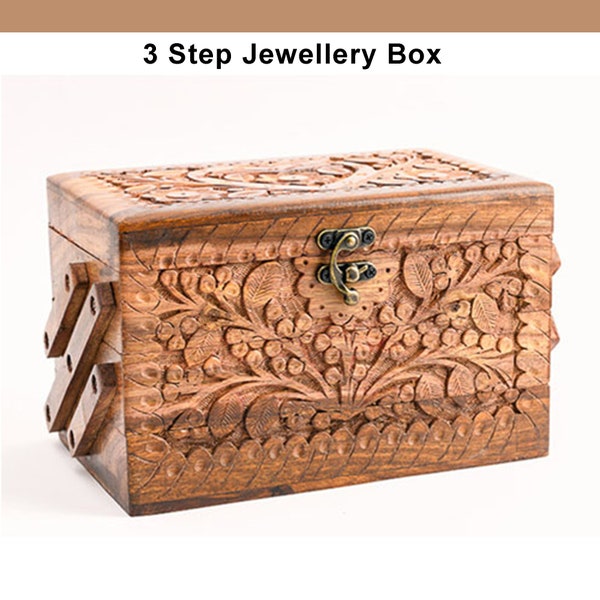 Layered Schmuck Organizer Box, handgemachte Vintage Schmuck Aufbewahrungsbox Geschenk für Frauen, Holz Gravur Kunst Schmuckschatulle