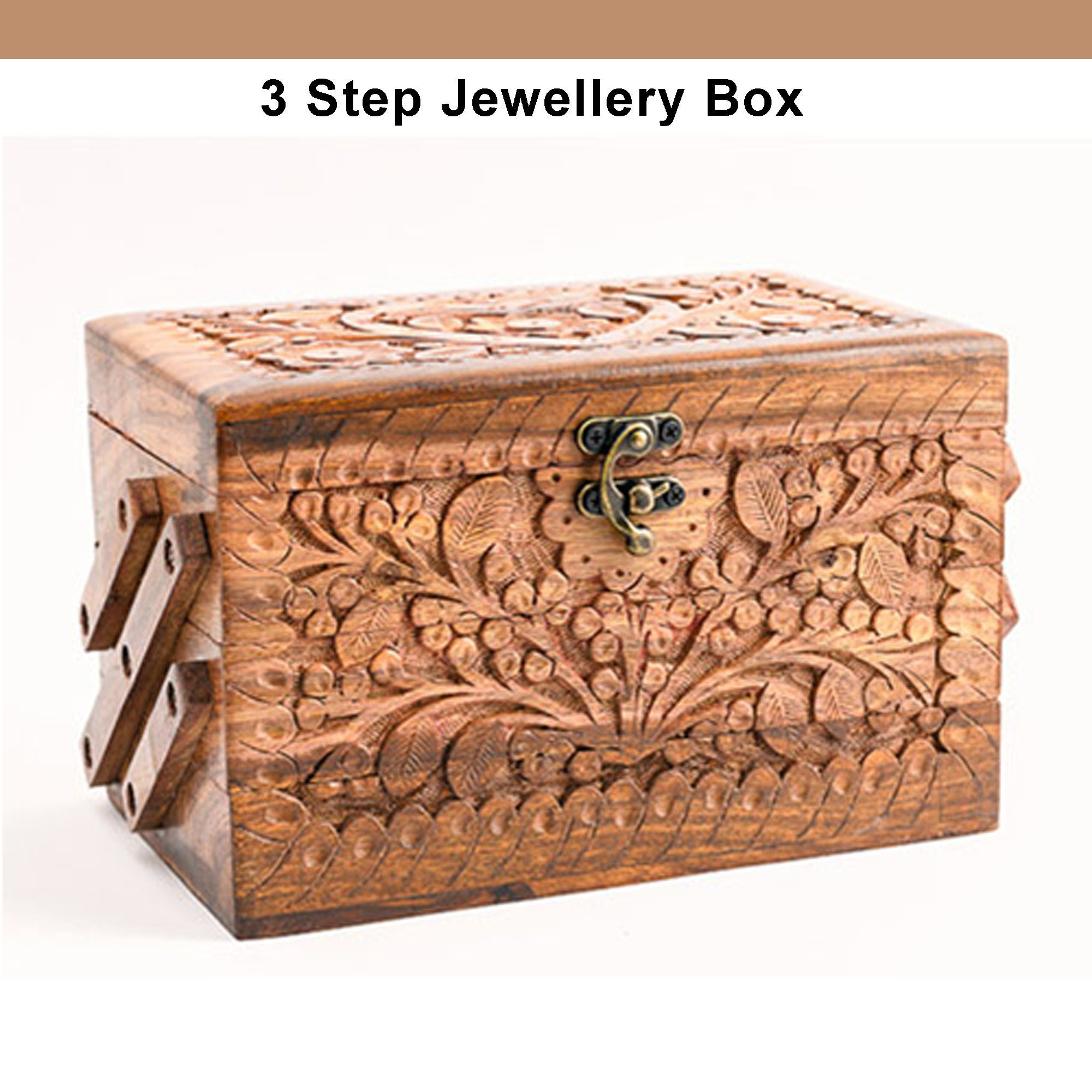 Wooden Jewelry Box Jewel Organizer Box Gift For Women Hand Carved 8 Inches