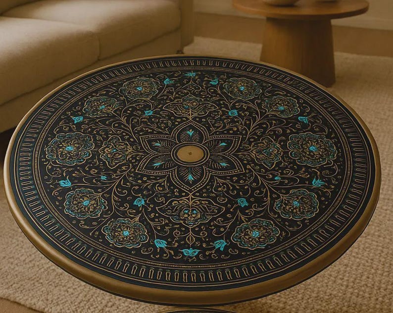 May include: Round coffee table with a black surface featuring an intricate floral design in gold and teal. The table has a gold-colored metal frame and a decorative edge. A stylish piece for living rooms.
