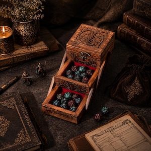 May include: A wooden dice box with two pull-out drawers featuring intricate carvings on the exterior and a red velvet interior lining. The drawers are filled with multi-faceted polyhedral dice in shades of blue, green, and red, with additional dice scattered nearby.