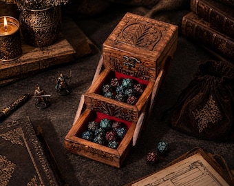 Handmade Wooden Polyhedral Dice Box, Vintage Style 3 Layered Organizer, Unique DnD Gift for Him Her, Gaming Room Accessory