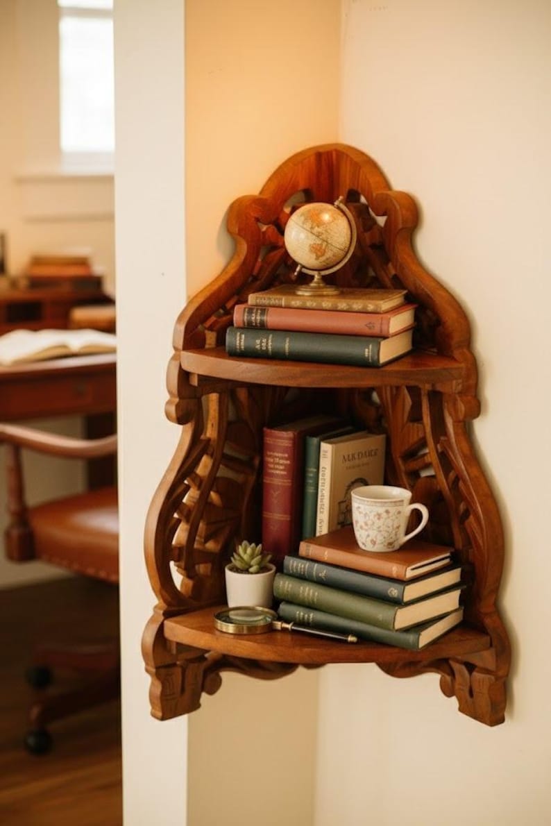 wooden wall rack filled with books