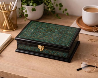 Artisan Painted Decorative Desk Organizing Storage Box, Wooden Vintage Collectors Case, Anniversary Gift For Him