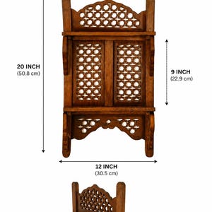 May include: A brown wooden wall shelf with intricate lattice cutouts. The size guide indicates a total height of 20 inches, a width of 12 inches, a central section height of 9 inches, and a shelf depth of 3.2 inches. The unit features two shelves.