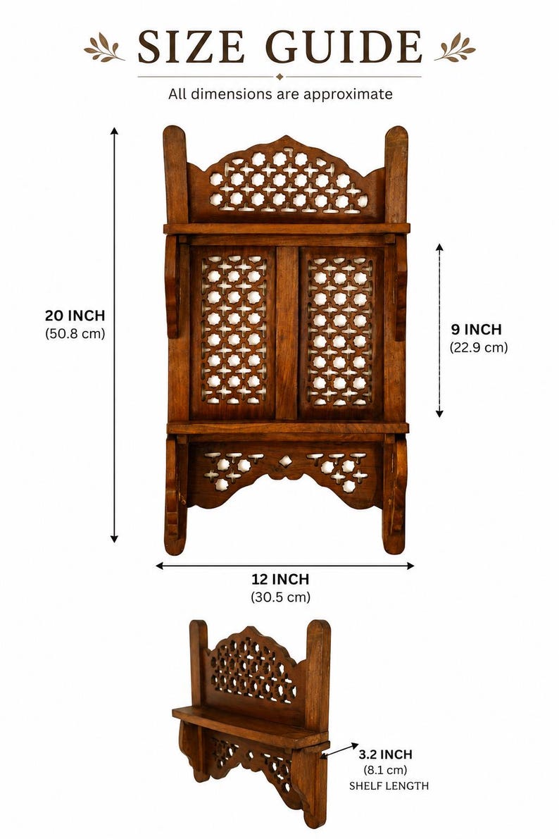 May include: A brown wooden wall shelf with intricate lattice cutouts. The size guide indicates a total height of 20 inches, a width of 12 inches, a central section height of 9 inches, and a shelf depth of 3.2 inches. The unit features two shelves.