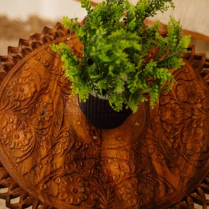 May include: A round, wooden side table with intricate floral carvings. The table is stained a warm brown and features a scalloped edge. A small potted plant with green foliage sits on top, adding a touch of nature.