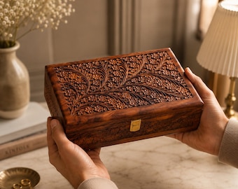 Solid Wood Watch Box for Her, Floral Hand Carved Jewelry Storage, Graduation Gift Women, Wooden Dresser Organizer