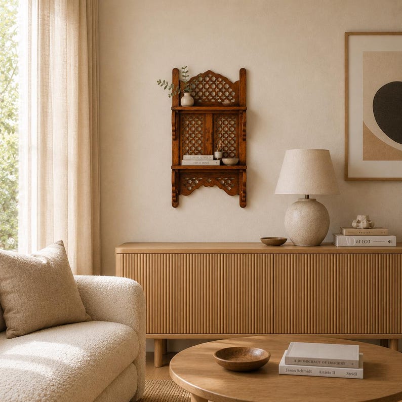 May include: A dark brown wooden wall shelf with two tiers and intricate lattice cutouts. The shelf features a decorative arched top and scalloped bottom edge, holding small white ceramic items and books on its horizontal surfaces.