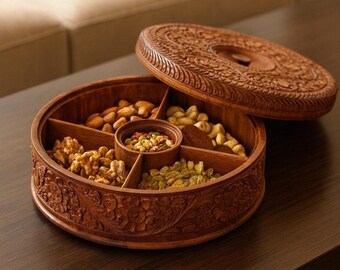 手作りの木製収納ボックス：インドの手工芸品ドライフルーツボックス