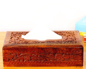 Handmade Rosewood Tissue Box Cover: Rustic Floral Carved Wood