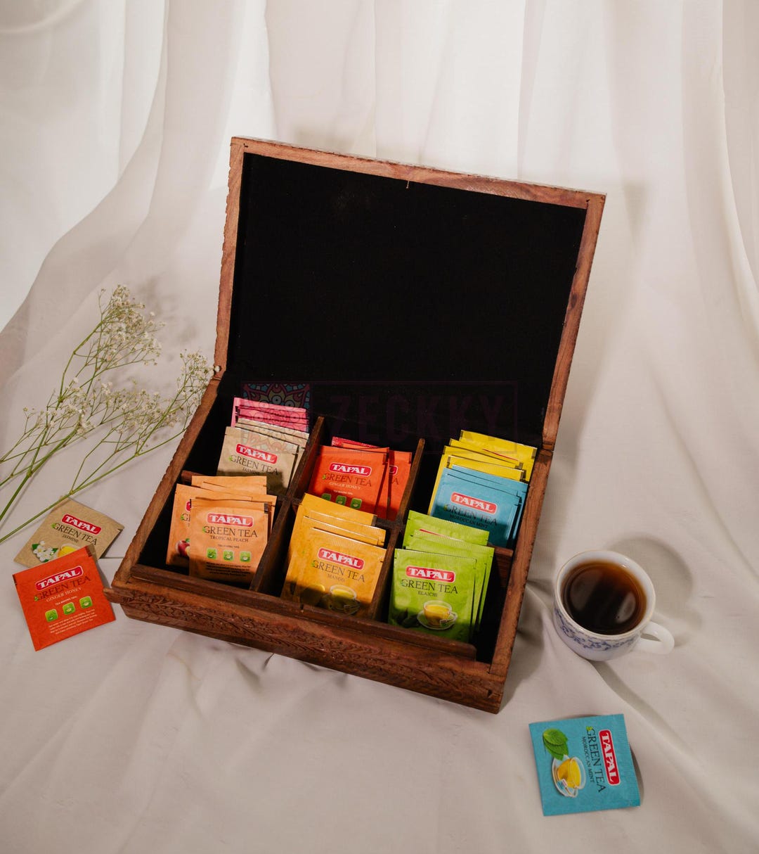 Wood Engraved Tea Box With 6 Compartments and Secret Lock - Tea Bags ...