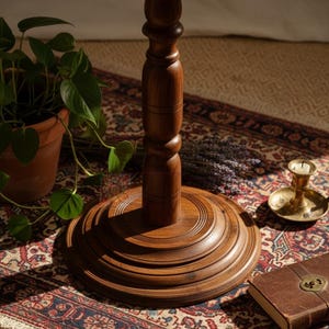 May include: A detailed shot of a dark brown wooden side table with a carved top and a turned pedestal base. The table is set on a patterned rug, with a potted plant, a candle holder, and a leather-bound book nearby. The table's height is approximately 28 inches.