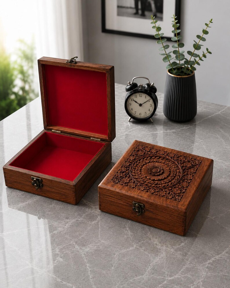 May include: Two wooden jewelry boxes. One box is open, revealing a red velvet interior. The other box is closed, with an intricate floral design carved into the lid. Both boxes have metal clasps.