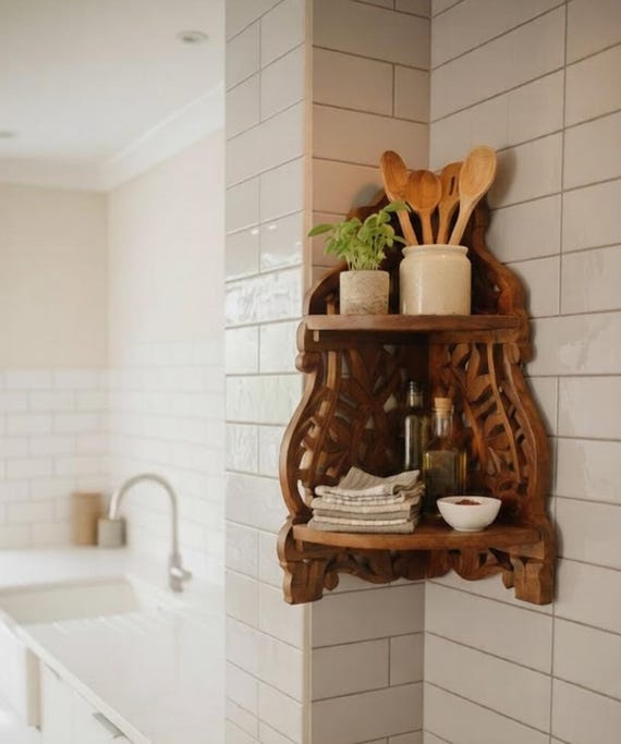 Handcrafted Wall Hanging Kitchen Organizer Shelf, Teaware Cups Holder, Wooden Storage Shelf, Christmas Present