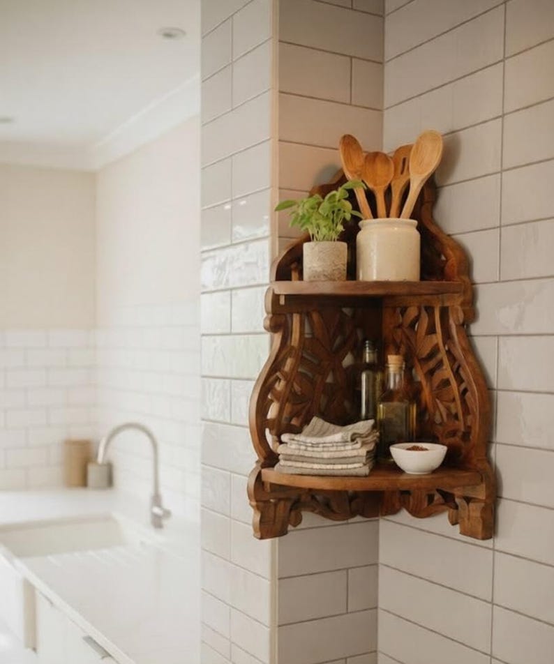 Carved wooden kitchen wall shelf