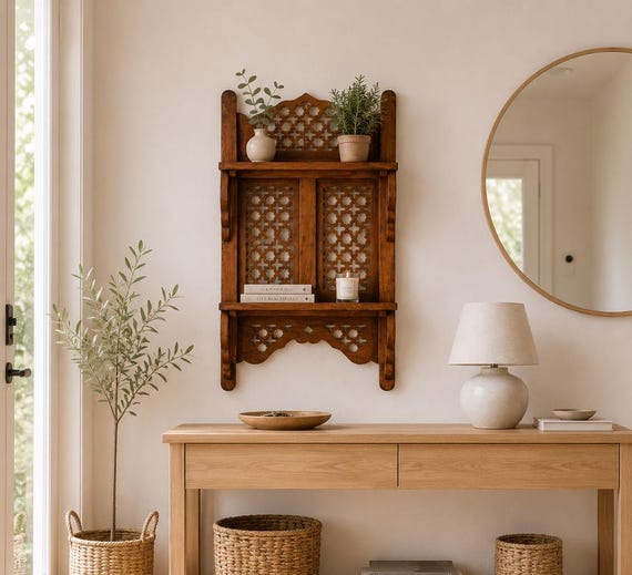 Carved Wooden Wall Shelf, Moroccan Jali Trinket Rack, Vintage Hanging Bookshelf, Floating Display Shelf & Housewarming Gift