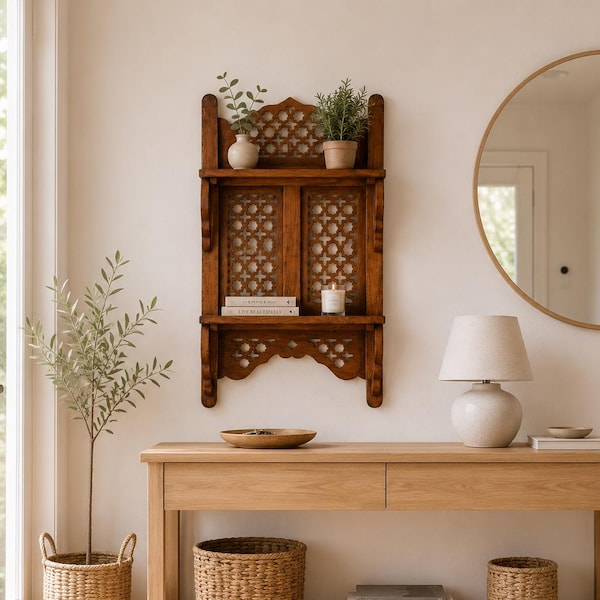 Carved Wooden Wall Shelf, Moroccan Jali Trinket Rack, Vintage Hanging Bookshelf, Floating Display Shelf & Housewarming Gift