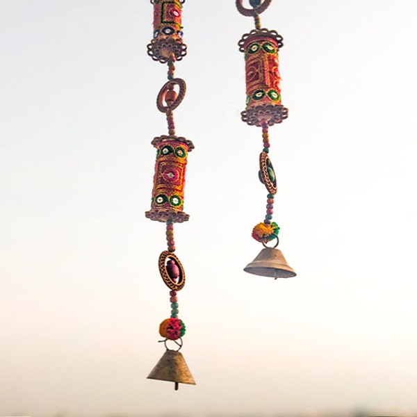 INDIAN HANGING BELLS - Hanging Bell Garland, Artisian Rustic Bell Decor, Long Door Chime Beads & Bells, Indian Entrance Decor, Garden Art