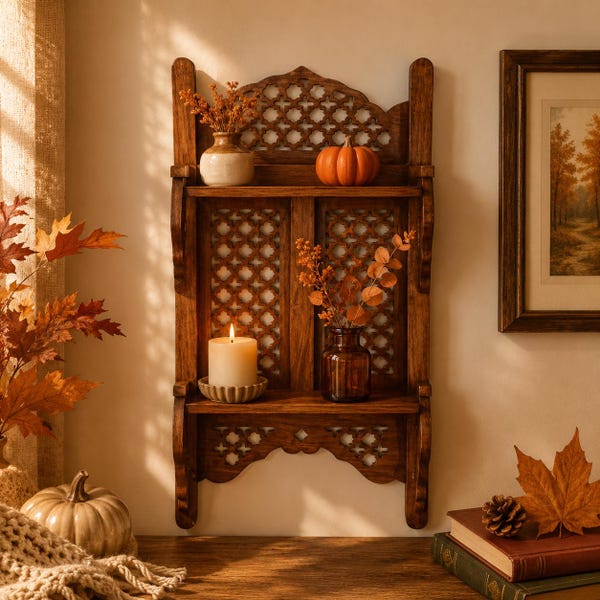 Boho Wooden Wall Shelves Double Tier Shelf for Kitchen Storage, Mugs, Spice Jars & Rustic Wall Decor