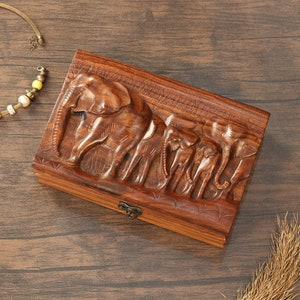 Boîte à bijoux éléphant, boîte à bijoux en bois avec deux compartiments, cadeaux pour les amateurs d'éléphants pour femme, décoration artistique familiale à graver
