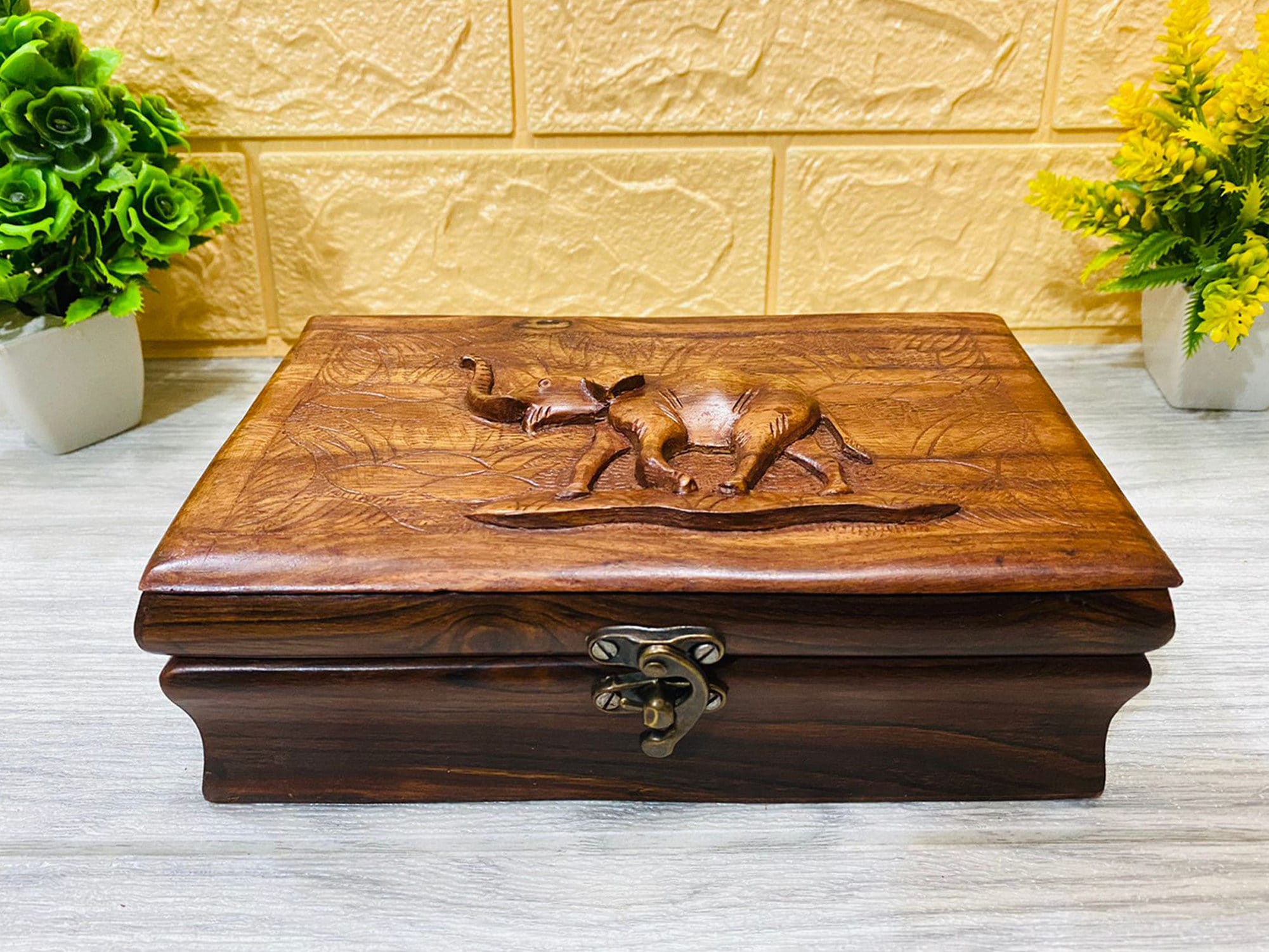 Elephant Jewelry Box Hand Carved Wooden Elephant Trinket Etsy