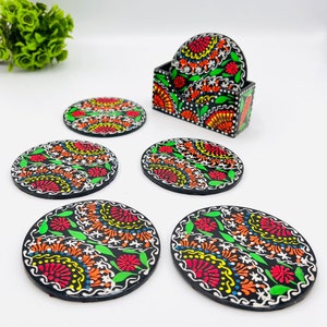 Tea Coasters Set with Holder, Round Coasters Set, Tea Lovers Gift, Indian Pakistani Home Decor Coasters Truck Art